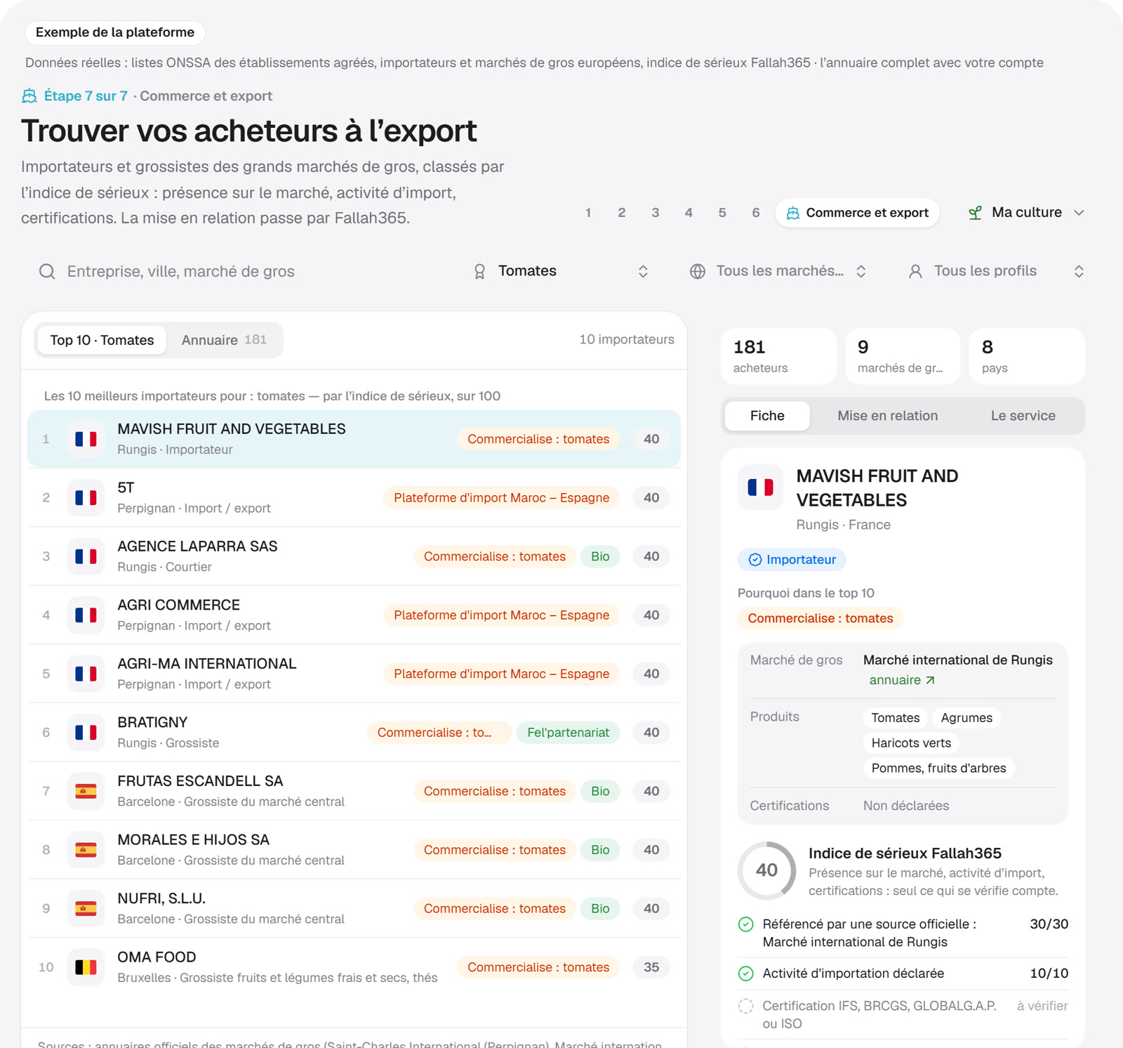 Capture réelle : Marketplace · Exportateurs